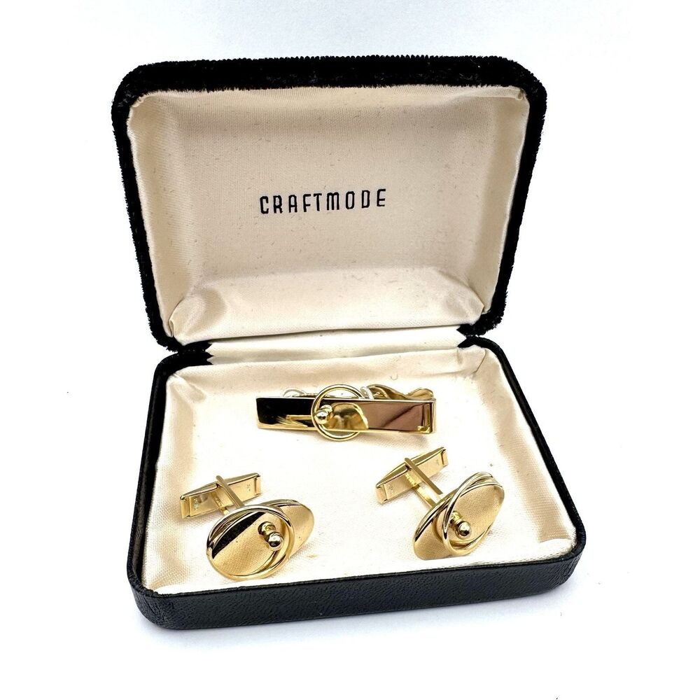 Cufflinks and Tie Clip Gold Tone Art Deco Vintage Craftmode Mens